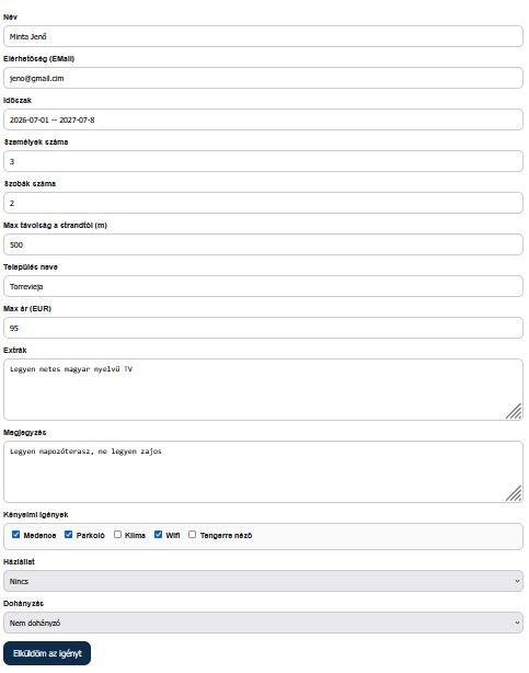 Kitöltött booking form